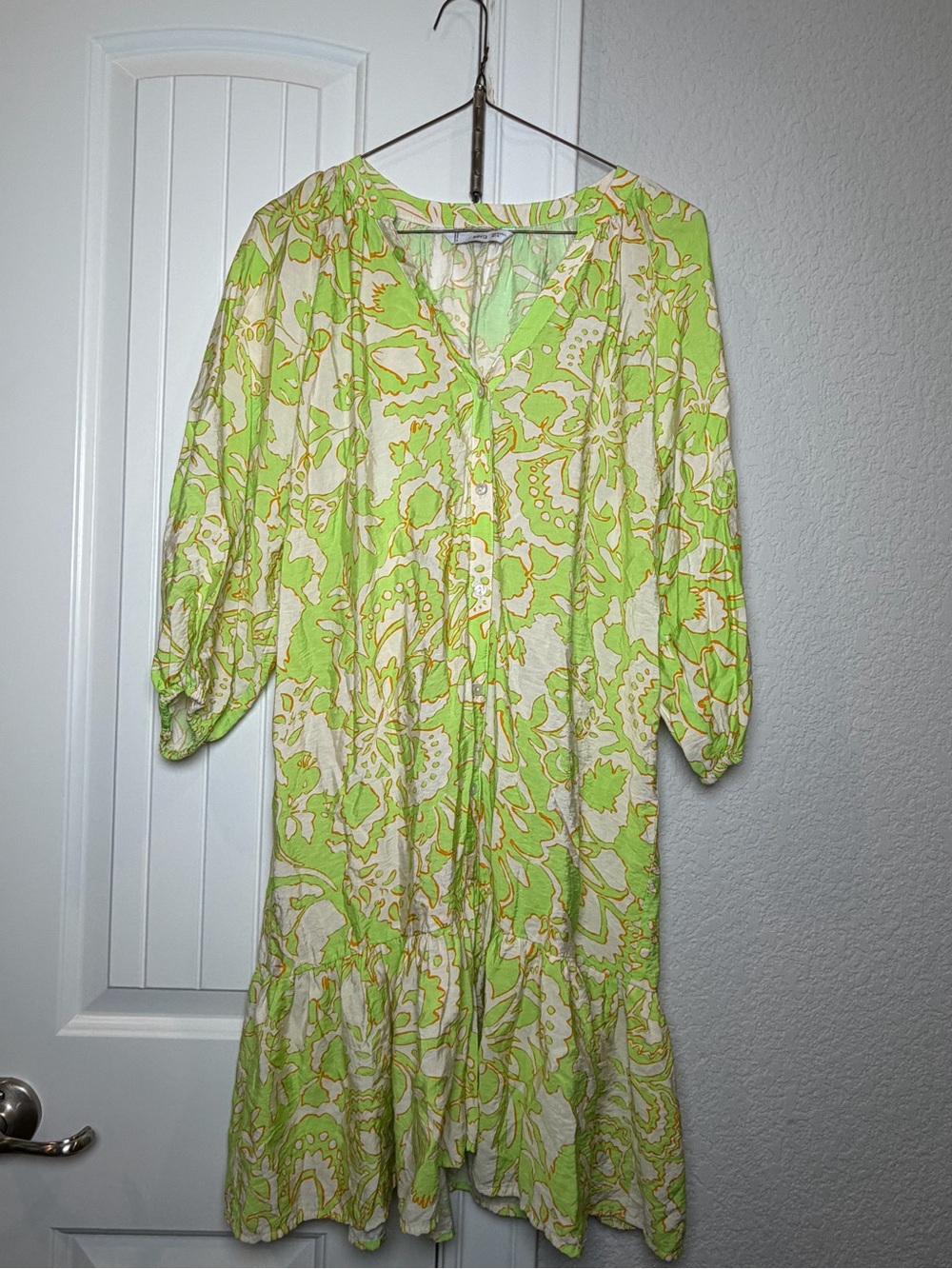 MNG Lime Green and Cream Floral Button-Front Midi Dress